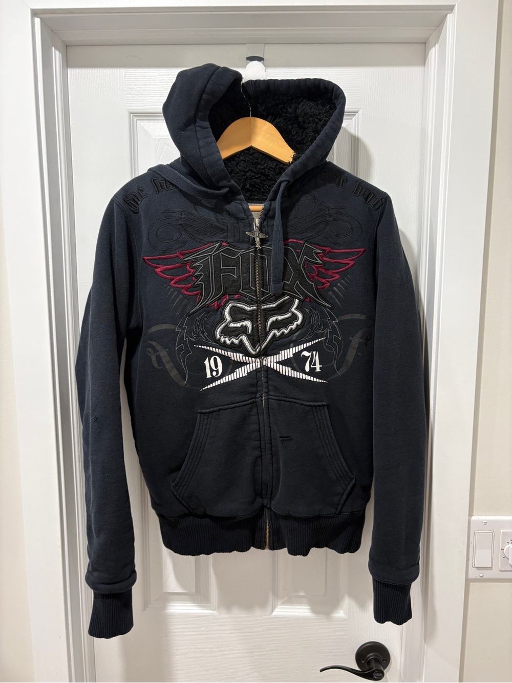Y2K Fox Hoodie Sasquatch Full Zip Sweatshirt Gray Faux Fur Lined Racing Small